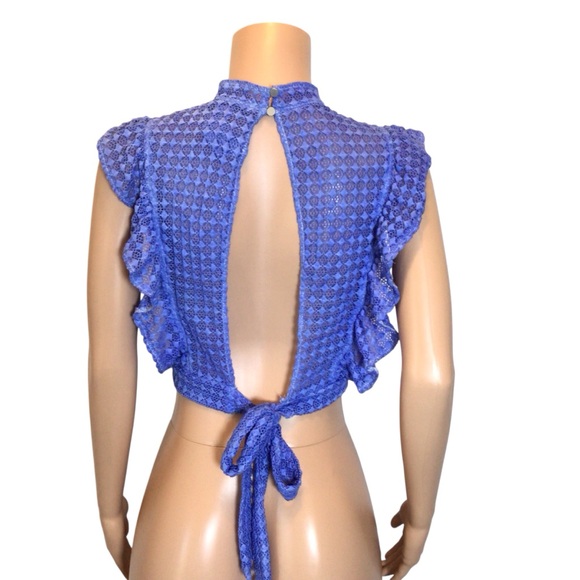 Forever 21 Lace Open Back Crop Top Blue Ruffle Sleeveless Tie Back Juniors M - Picture 5 of 8